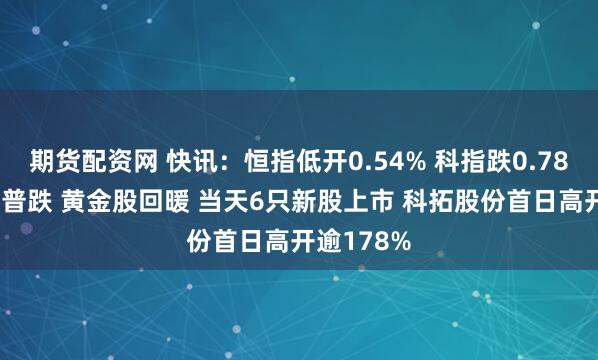 期货配资网 快讯：恒指低开0.54% 科指跌0.78% 科网股普跌 黄金股回暖 当天6只新股上市 科拓股份首日高开逾178%